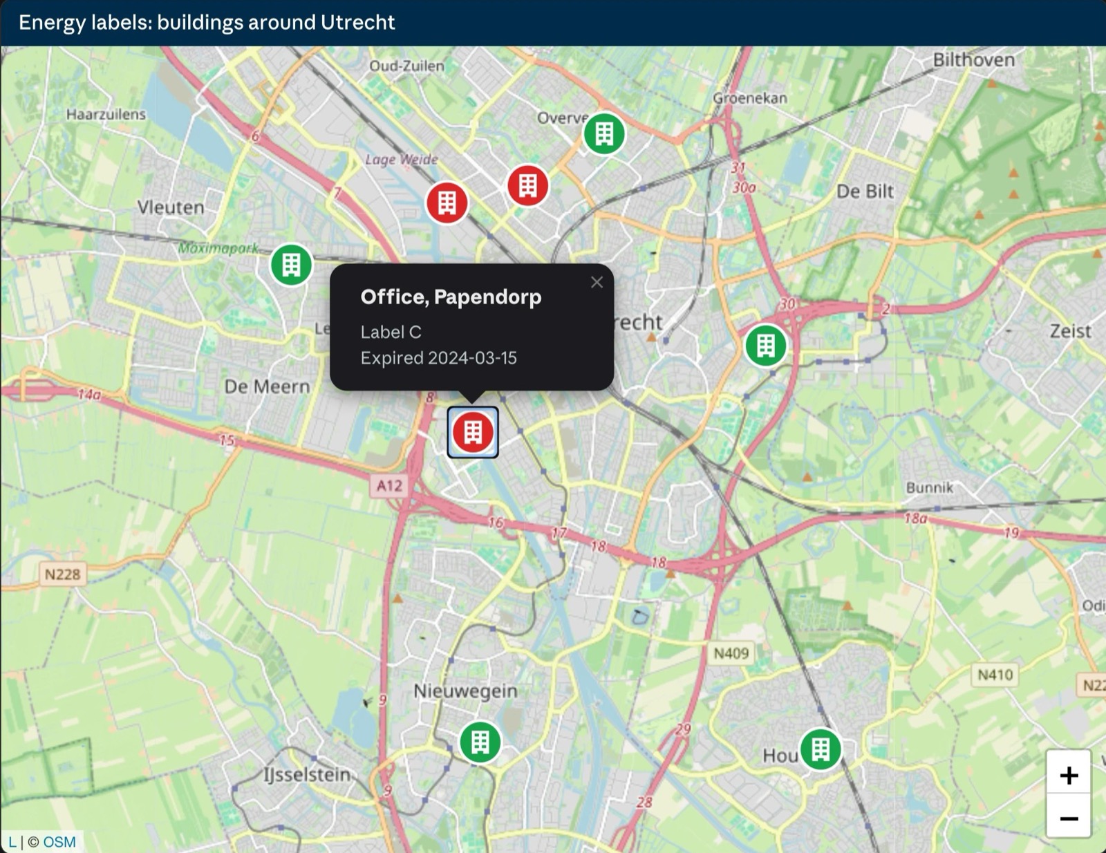 Map of the Utrecht area with eight building markers: three red for an expired energy label, five green for a valid one, with the popup of an office in Papendorp open showing label C, expired 2024-03-15.