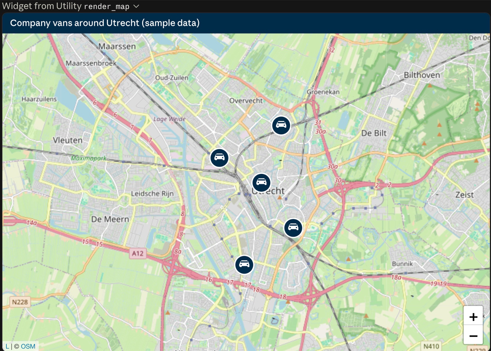 Map of the Utrecht area with five company-van markers placed around the city.
